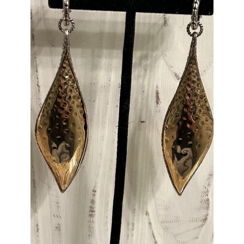 John Hardy Palu Rare Abstract Drop Earrings 925‎ Silver 22K Yellow Gold Hammered